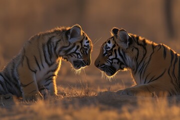 Aufkleber - Two tigers playfully interact in a warm, golden sunset.
