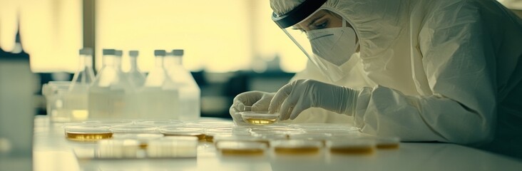 Poster - A scientist in protective gear examines petri dishes in a laboratory setting.