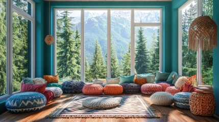 Poster - Cozy room with colorful cushions and a scenic mountain view.