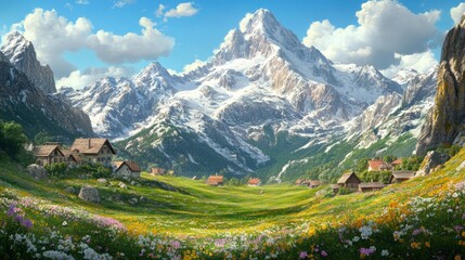 Poster - A serene mountain landscape with vibrant flowers and quaint cottages under a blue sky.