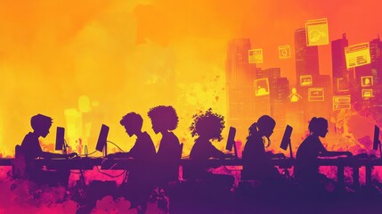 Aufkleber - Silhouettes of individuals working on computers against a vibrant urban backdrop.