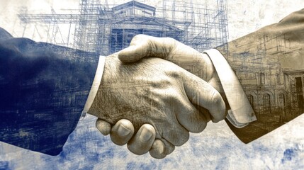 Aufkleber - A handshake symbolizes partnership amid a construction background.