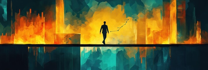 Leinwandbilder - A silhouette walks through a vibrant, abstract landscape symbolizing growth and transformation.
