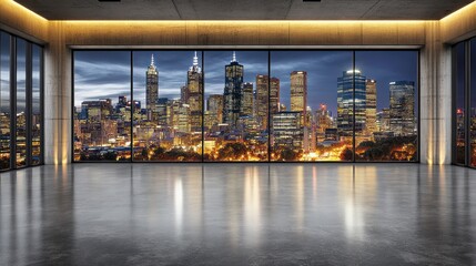 Poster - Modern interior with large windows showcasing a city skyline at night.
