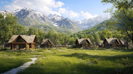 Poster - Scenic view of rustic cabins in a lush green valley with mountains in the background.