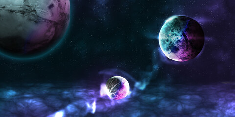 Wall Mural - planets in space among stars and nebulae