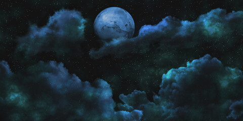 Wall Mural - planet in space among clouds, stars and nebulae