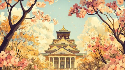 Autumn serenity at osaka castle retro classic print advertising nature landscape vibrant colors artistic viewpoint