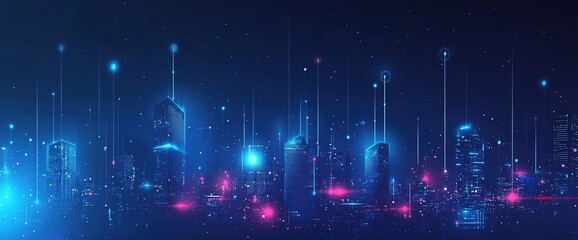 Wall Mural -  illustration urban architecture, cityscape with space and neon light effect. Modern hi-tech, science, futuristic technology concept.