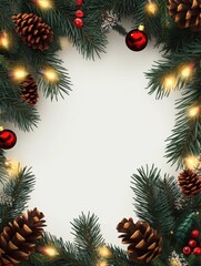 Wall Mural - christmas border. holiday garland isolated on background. christmas tree branches, lights and cones.