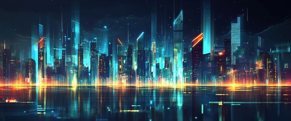 Wall Mural -  illustration urban architecture, cityscape with space and neon light effect. Modern hi-tech, science, futuristic technology concept.