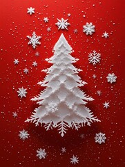 Wall Mural - christmas tree made from white snow flake decorations on red. background with empty copy space for t