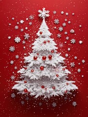 Wall Mural - christmas tree made from white snow flake decorations on red. background with empty copy space for t