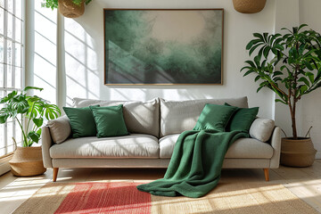 Beige sofa with green pillow and floor lamp, frame poster, against white wall with copy space. Loft home interior design of modern living room	