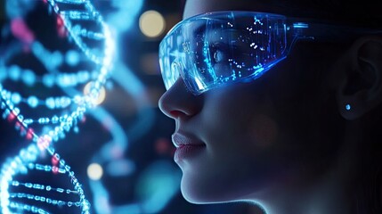 Poster - Woman in futuristic glasses viewing DNA strand.