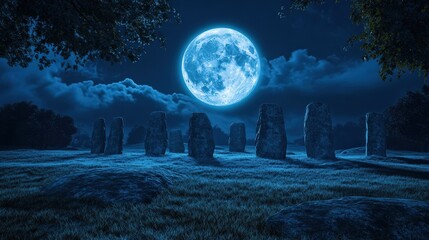 Wall Mural - mystical full moon glowing above an ancient stone circle, casting long shadows and creating a magica