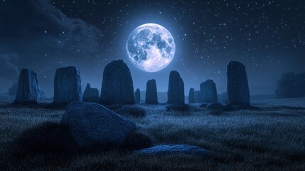 Wall Mural - mystical full moon glowing above an ancient stone circle, casting long shadows and creating a magica