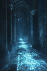 Poster - Glowing pathway in a dark, stone hallway.