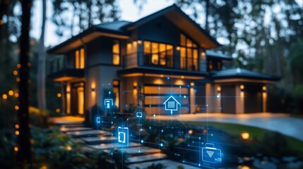 Poster - modern smart home featuring advanced cctv system at dusk in a serene garden setting