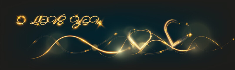 Wall Mural - Golden glowing light trail forming a heart shape and elegant waves with sparkling stars on a dark background, accompanied by the words 