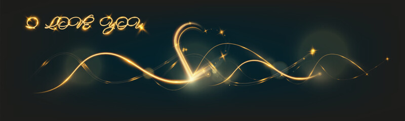 Aufkleber - Golden glowing light trail forming a heart shape and elegant waves with sparkling stars on a dark background, accompanied by the words 