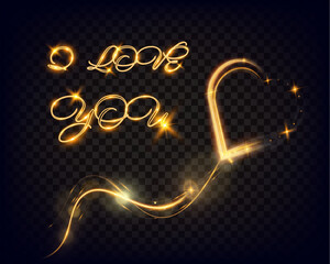 Aufkleber - Golden glowing light trail forming a heart shape and elegant waves with sparkling stars on a dark background, accompanied by the words 