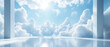 © Oleksandr Panasovsky - A dreamy architectural visualization with a reflective white floor merging into a bright blue sky filled with fluffy clouds. Generative AI.