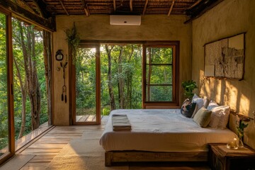 Sticker - Rustic bedroom, forest view, wooden bed, sunlit.