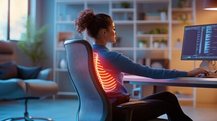 Poster - person sitting in a chair with good posture and ergonomic support to prevent and manage back pain caused by long hours of sitting.