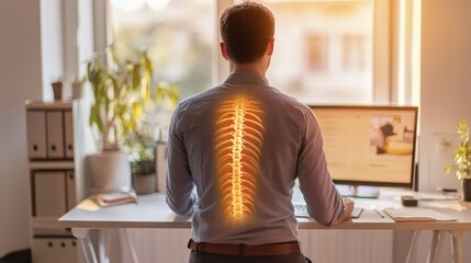 Poster - person using a standing desk to reduce back pain caused by sitting for prolonged periods, while keeping their spine in a neutral position