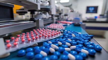 Poster - pharmaceutical company lab where researchers are testing new drugs, with high-tech equipment and med