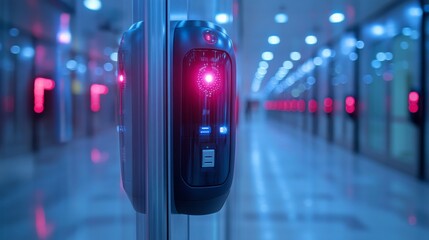 Poster - Demonstration of biometric access control device in a modern building corridor during the day