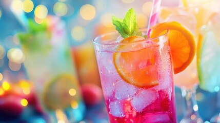 Aufkleber - Vibrant cocktails adorned with citrus slices sit on a table alongside snacks, reflecting a joyful and celebratory mood. Generative AI