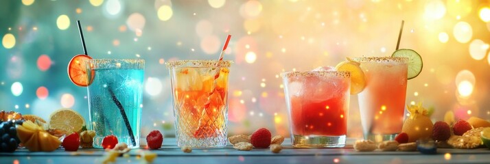 Aufkleber - Brightly colored cocktails are perfectly arranged on a table alongside fresh snacks and fruit slices, enhancing a cheerful gathering vibe. Generative AI