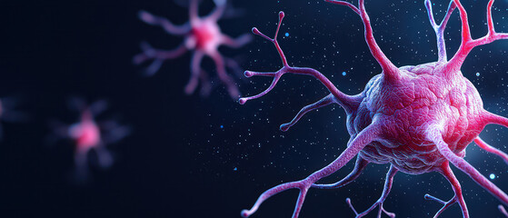 Poster - close up view of surreal floating neuron with intricate branches, showcasing vibrant colors and dark background, evokes sense of wonder