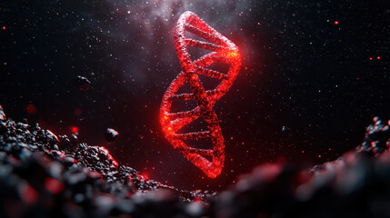 Poster - glowing dna helix suspended in cosmic environment, surrounded by dark particles, evokes sense of won