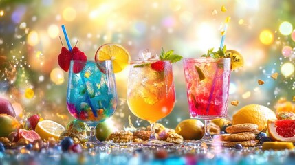 Poster - Brightly colored cocktails surrounded by snacks and fruit slices enhance the festive mood of this summer gathering. Generative AI