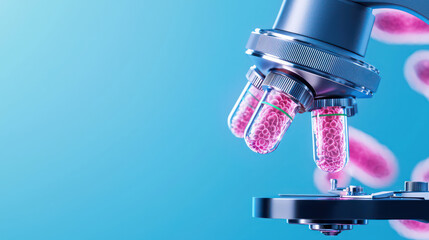 Poster - close up view of microscope revealing vibrant pink samples in glass vials, showcasing intricate deta