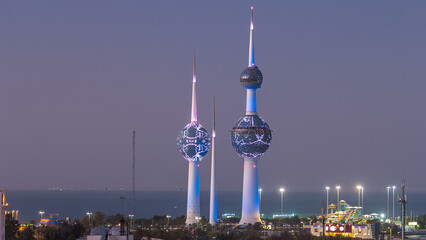 The Kuwait Towers day to night timelapse - the best known landmark of Kuwait City. Kuwait, Middle East