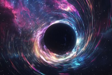 Poster - A mesmerizing visual of a swirling black hole set against a vibrant cosmic background filled with colorful light trails and abstract designs representing the universe's mysteries.