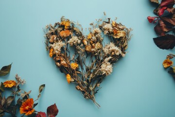 Aufkleber - This image features a heart shape crafted from assorted dried flowers and foliage, contrasting beautifully against a calm blue backdrop, evoking a sense of nostalgia.
