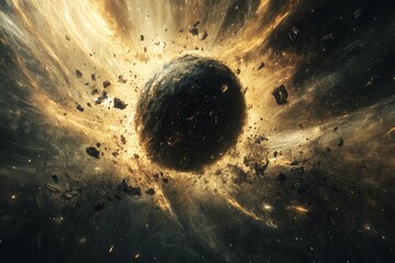 Poster - A mesmerizing cosmic scene showcasing a swirling orb engulfed in a dynamic explosion of material and energy, encapsulating the beauty and chaos of the universe.