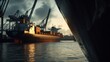 © naumi - Cargo ship docked at port during sunset, industrial scene.