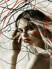 Poster - This image showcases a captivating portrait intertwined with abstract lines and textures, creating a sense of depth and emotional complexity in the composition.