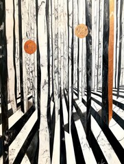 Aufkleber - This whimsical artwork presents a black and white forest scene, accented by vibrant circular elements, embodying a blend of surrealism and natural beauty.