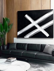 Poster - This artwork features striking white brush strokes crossing on a black background, creating a bold and modern visual impact suitable for contemporary spaces.