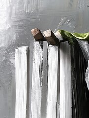 Poster - This close-up artwork exhibits three wooden blocks against a textured grey background, emphasizing depth, materiality, and a unique artistic approach to painting.