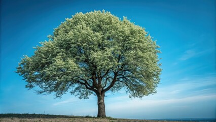 Wall Mural - Lone Tree Against a Clear Blue Sky in Bright Daylight Over Open Land. Generative AI