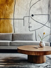 Leinwandbilder - This stylish living area features a modern couch paired with an abstract wall mural, harmoniously blending aesthetics with comfort and inviting creative exploration in design.