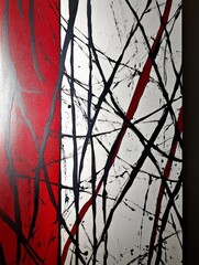 Leinwandbilder - An expressive abstract piece featuring bold red lines intersecting with delicate black strokes against a sleek silver backdrop, evoking emotions and prompting viewer interpretations.